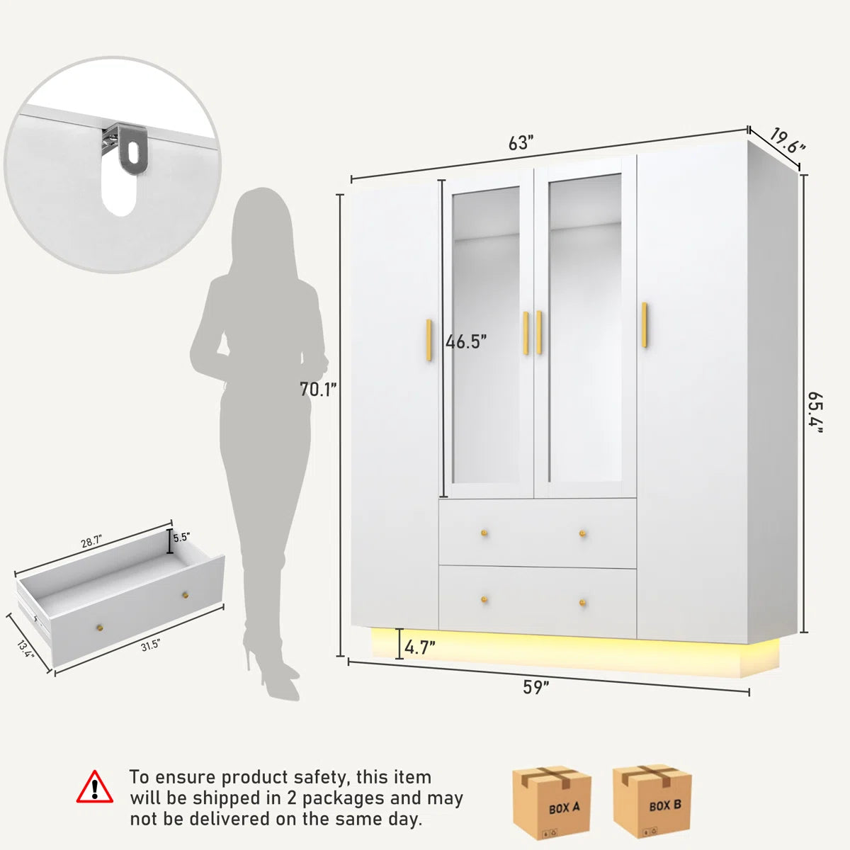 Elegant 4-Door Armoire Wardrobe Closet Mirror LED Light Drawers and Hanging Rod-OUCH CART | Wardrobe