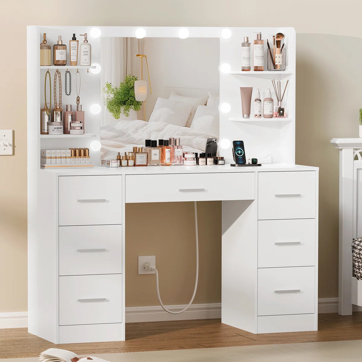 Camyla Large Makeup Vanity Table with LED Mirror, 7 Drawers, 4 Storage Shelves, Jewelry Hooks & Power Outlet-OUCH CART | dressing tables