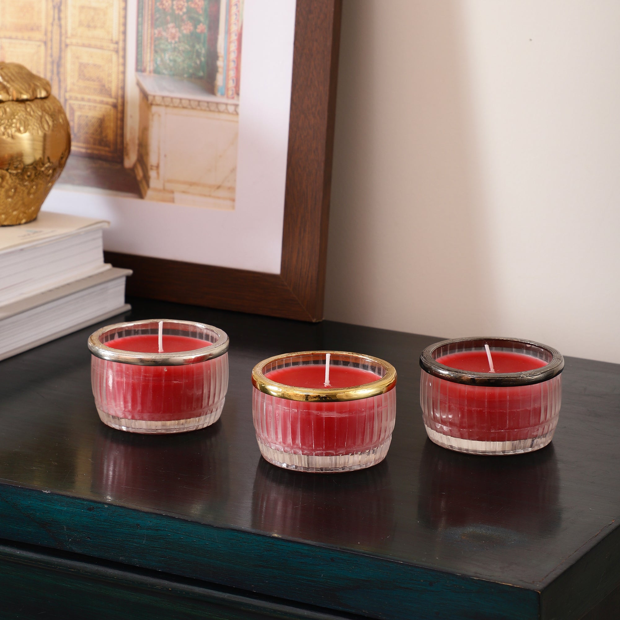 cherry blossom red scented candle glass jar with Golden ring