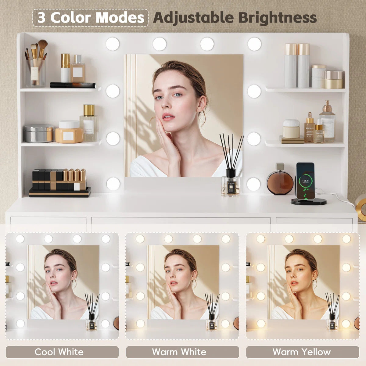 Ragin Vanity Desk with 3-Mode LED Mirror Lights and Built-In USB Charging Station