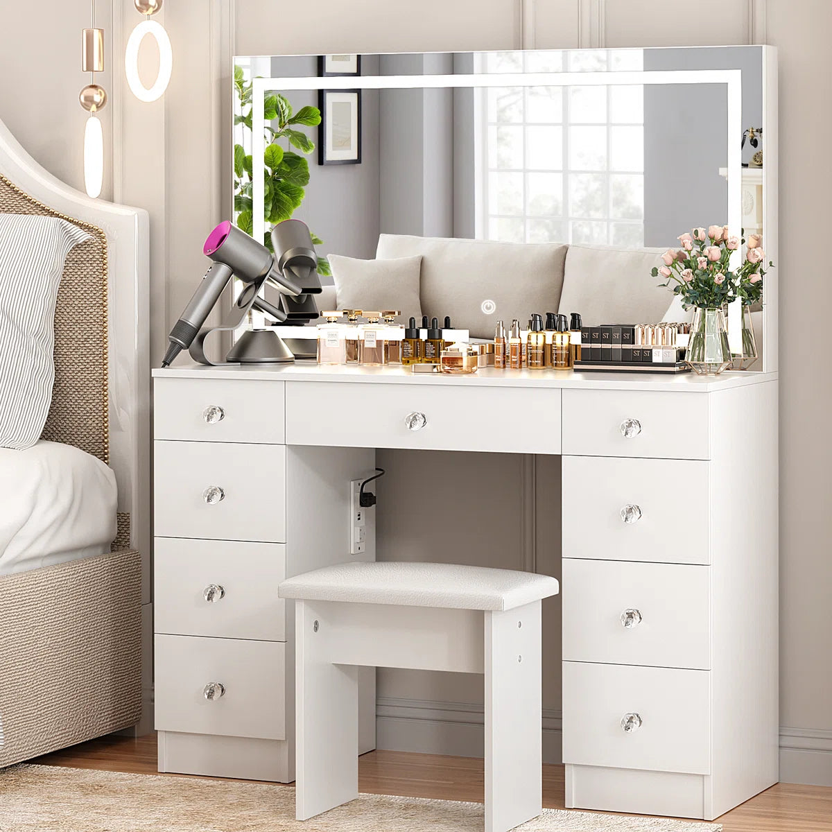 Greyden Lighted Vanity Set with LED Mirror, Diamond Handles on 9 Drawers, and Built-In Power Outlet- Ouch Cart | Dressing table