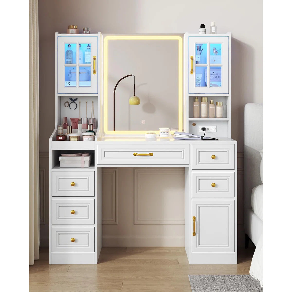 Modern Vanity Desk with 6 Drawers, Touch Control Mirror & Lights, RGB Cabinets, Charging Station, and Hooks