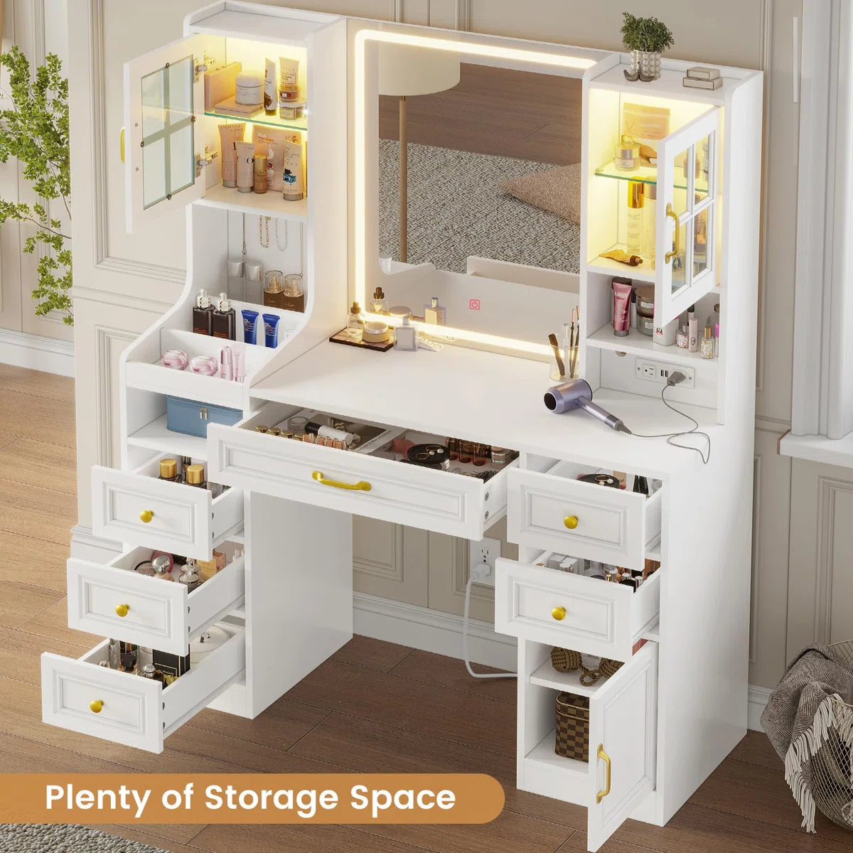 Modern Vanity Desk with 6 Drawers, Touch Control Mirror & Lights, RGB Cabinets, Charging Station, and Hooks