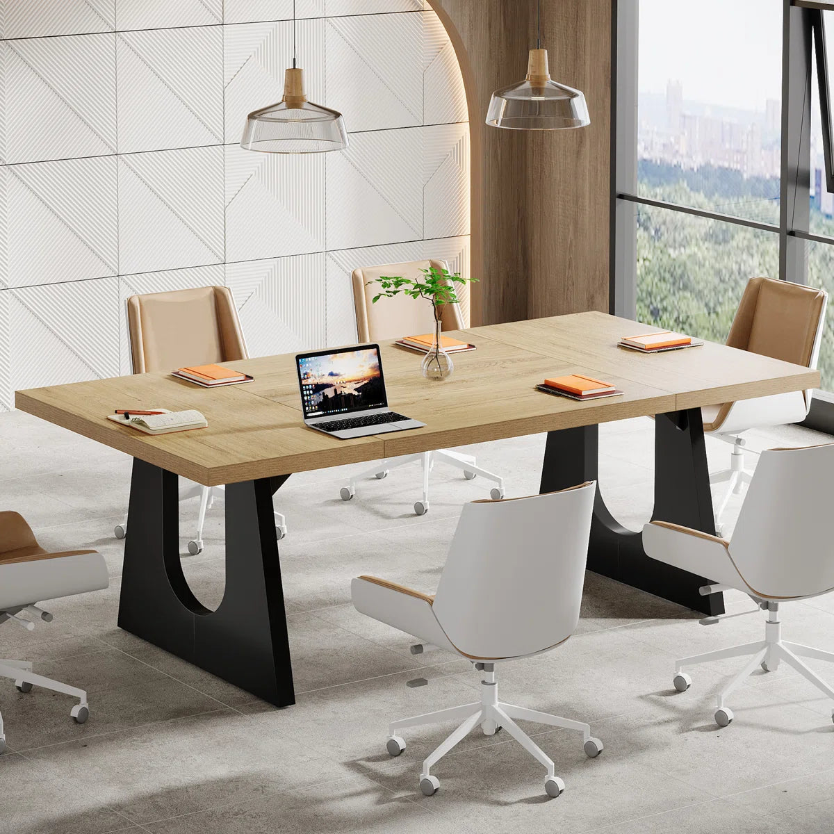 6 Ft Rectangle Wood Conference Table, 70.86" L X 35.43" W X 29.52" H Meeting Seminar Table Boardroom Desk For Office Meeting Conference Room-OUCH CART  | Chair