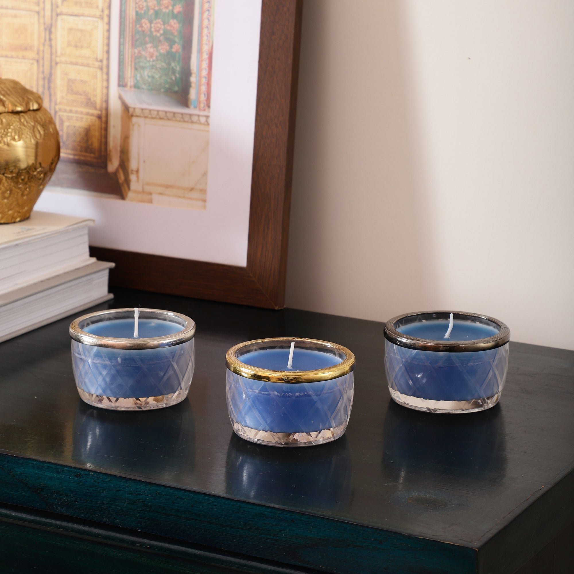 ocean breeze blue Scented candle jar with Silver ring