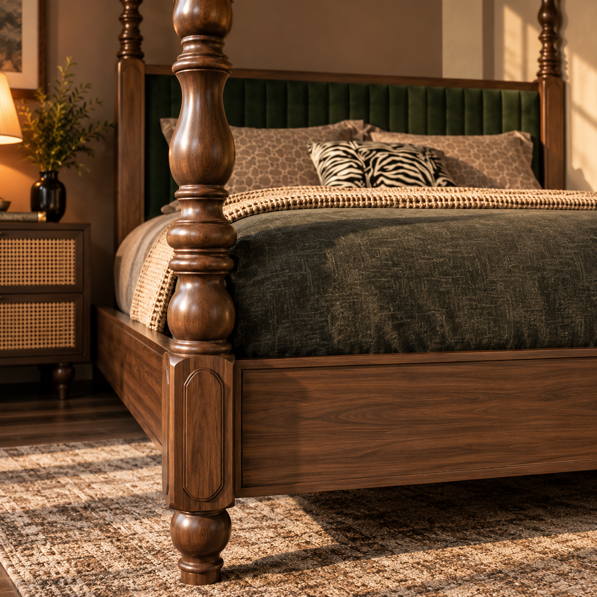 Luxury Wooden Four Poster Bed with Green Upholstered Headboard, Walnut Finish, Elegant Canopy Bed for Bedroom