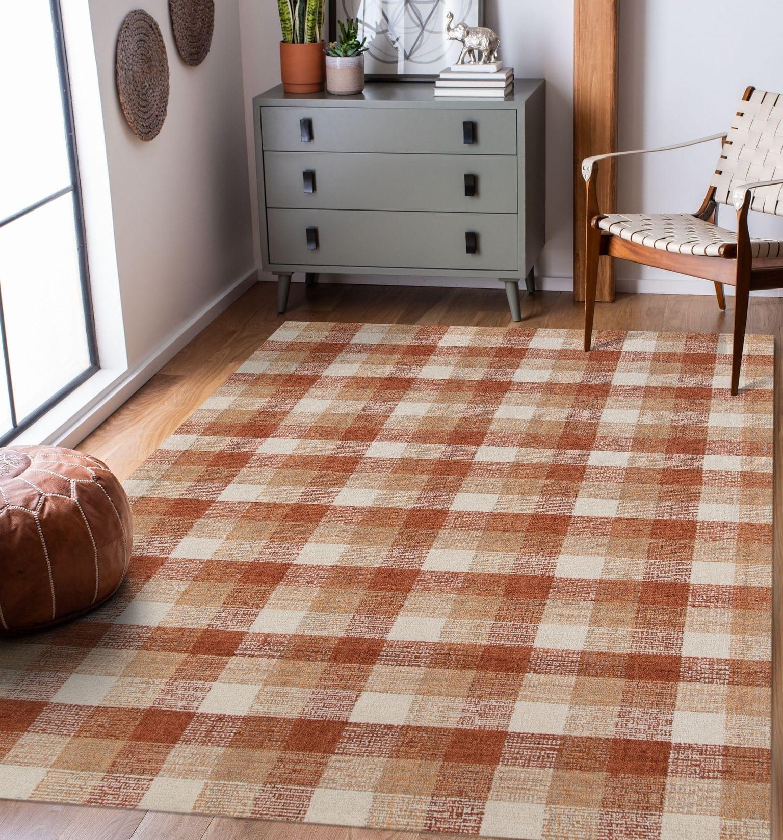 Orange Wool Tartan 8X10 Feet Hand-Tufted Carpet - Rug - Ouch Cart