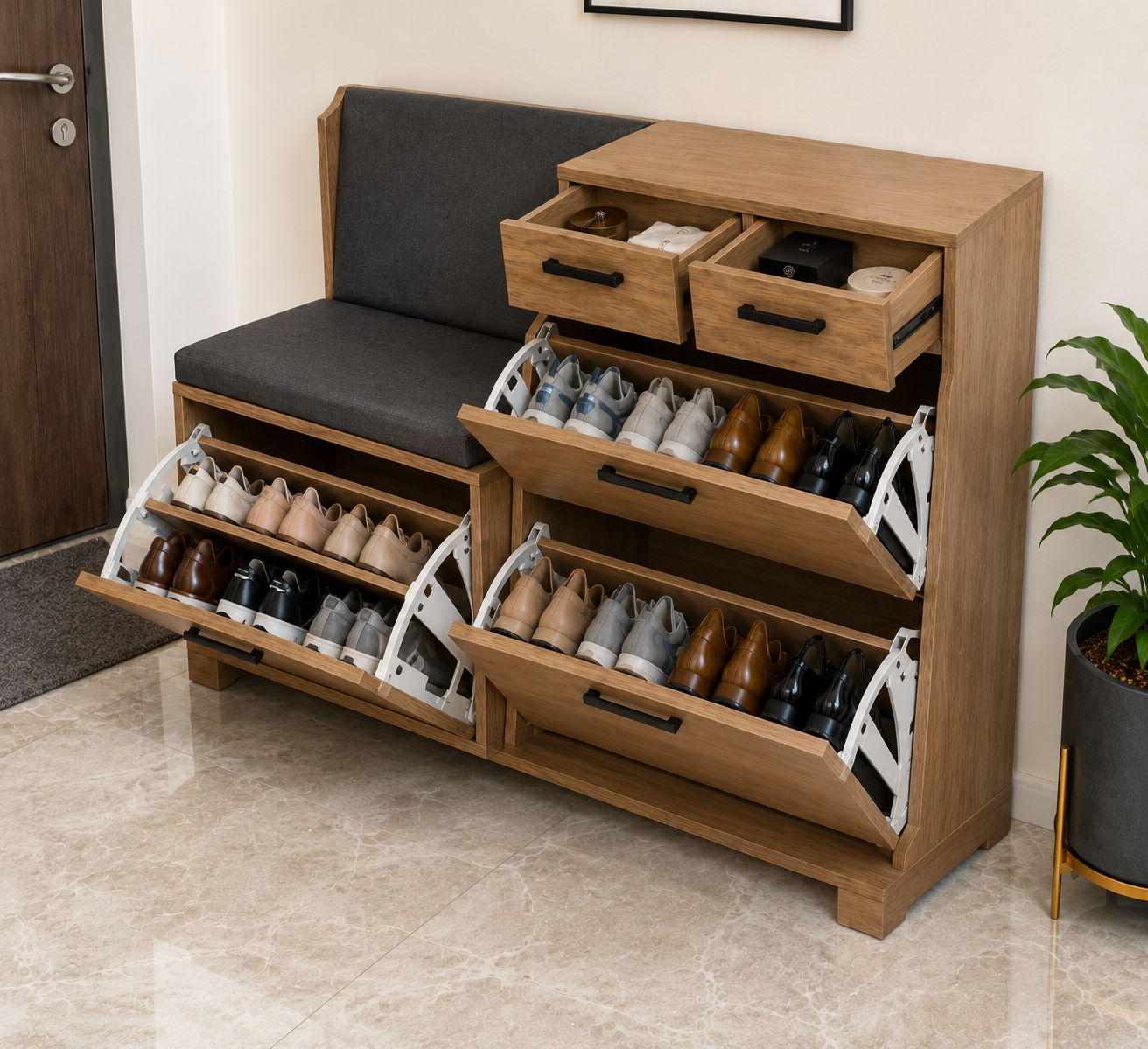 Modern Wooden Shoe Storage Cabinet with Cushioned Bench Seat | Entryway Shoe Organizer with Soft-Close Drawers & Matte Black Handles