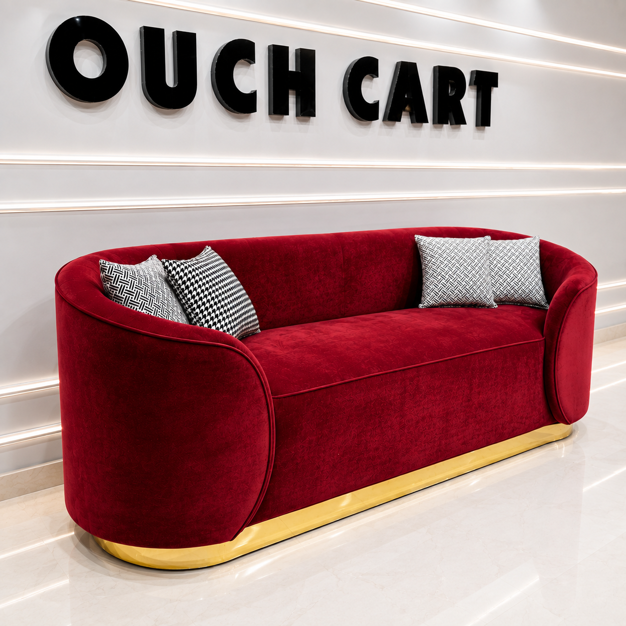 Ouch Cart Luxury Red Velvet Sofa | Modern 3-Seater Curved Sofa with Gold Base