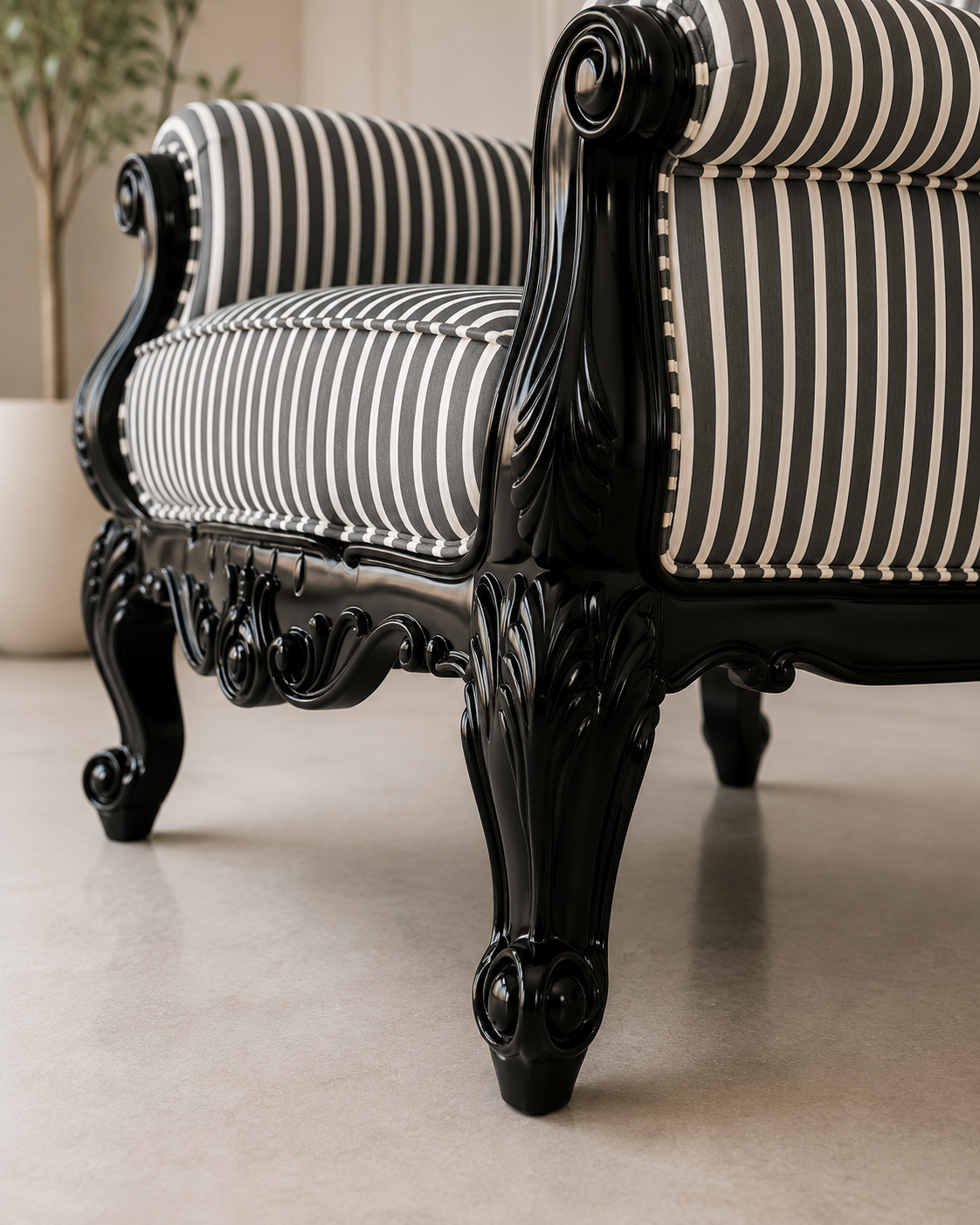 Baroque Carved Wooden Armchair with Black & White Striped Upholstery | High Back Accent Chair OUCH CART