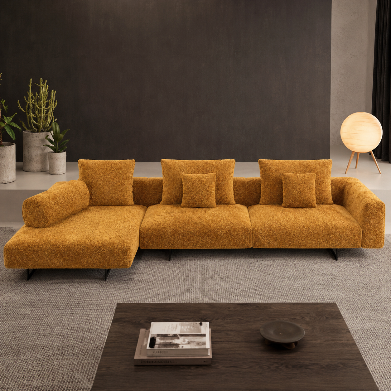 Modern Mustard Bouclé Sectional Sofa | Luxury Modular Fabric Sofa with Metal Legs | Contemporary Living Room Couch OUCH CART