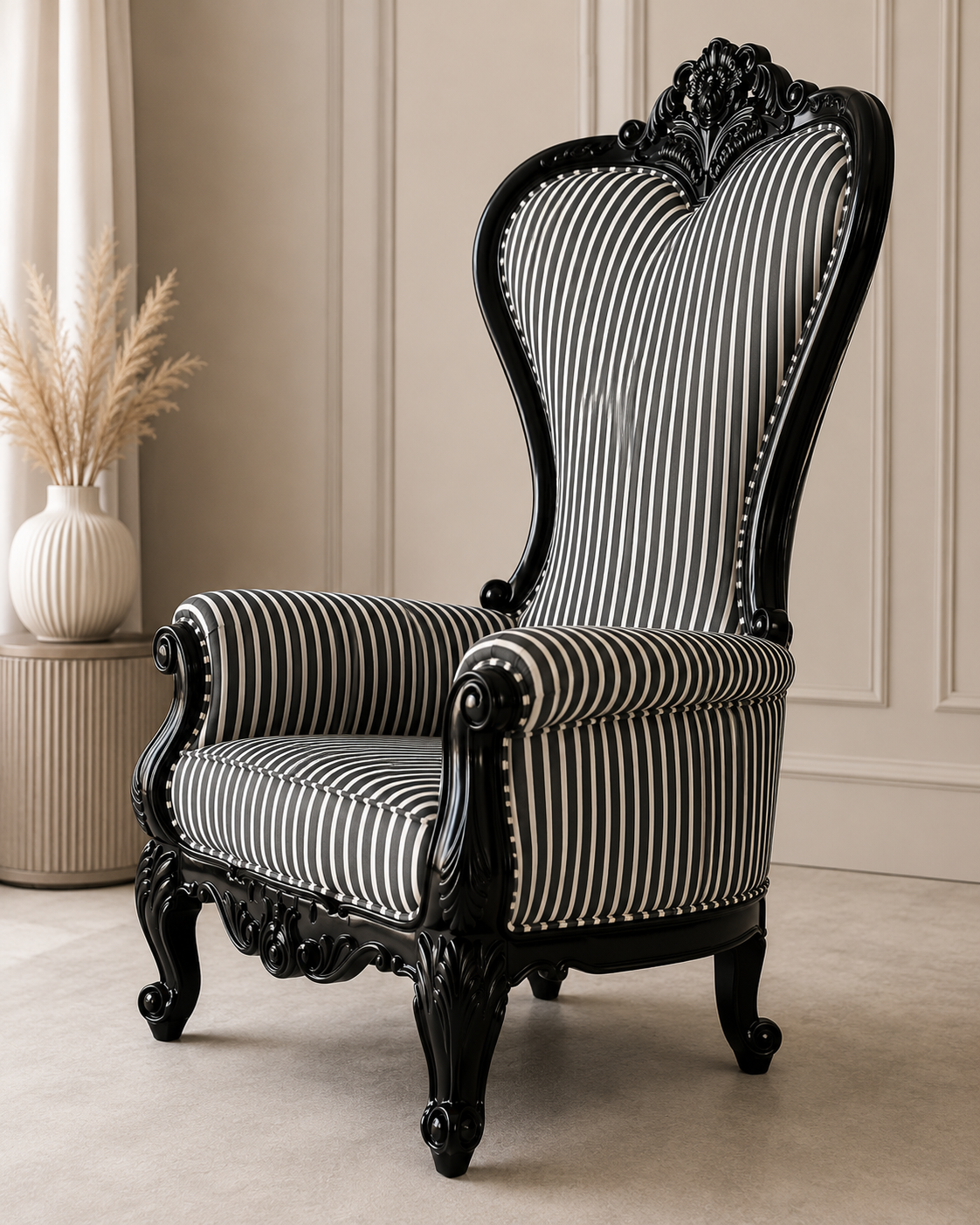 Baroque Carved Wooden Armchair with Black & White Striped Upholstery | High Back Accent Chair OUCH CART