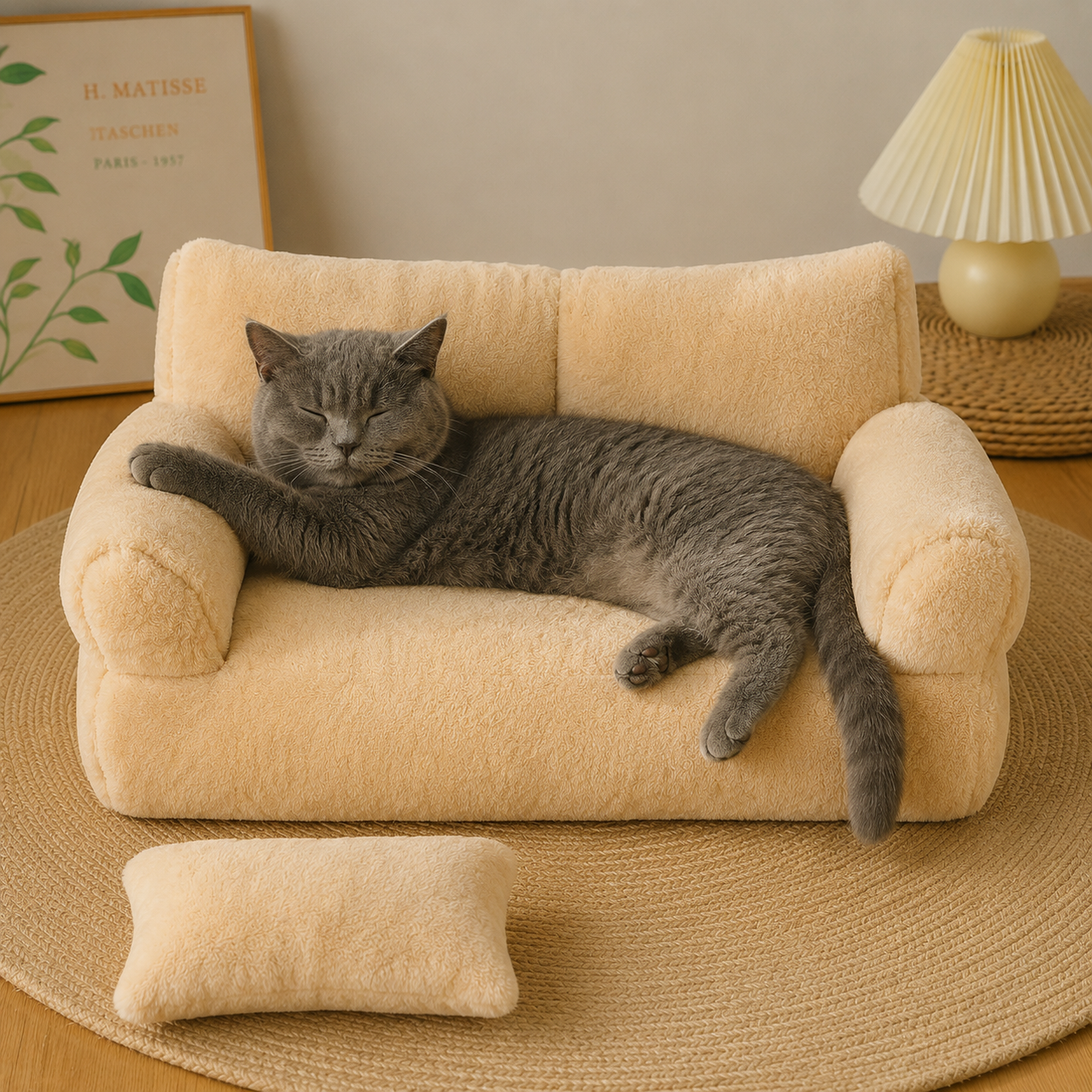 Luxury Plush Pet Sofa Bed with Cushion | Soft Teddy Fabric Dog & Cat Couch | Cozy Indoor Pet Bed for Small Dogs & Cats