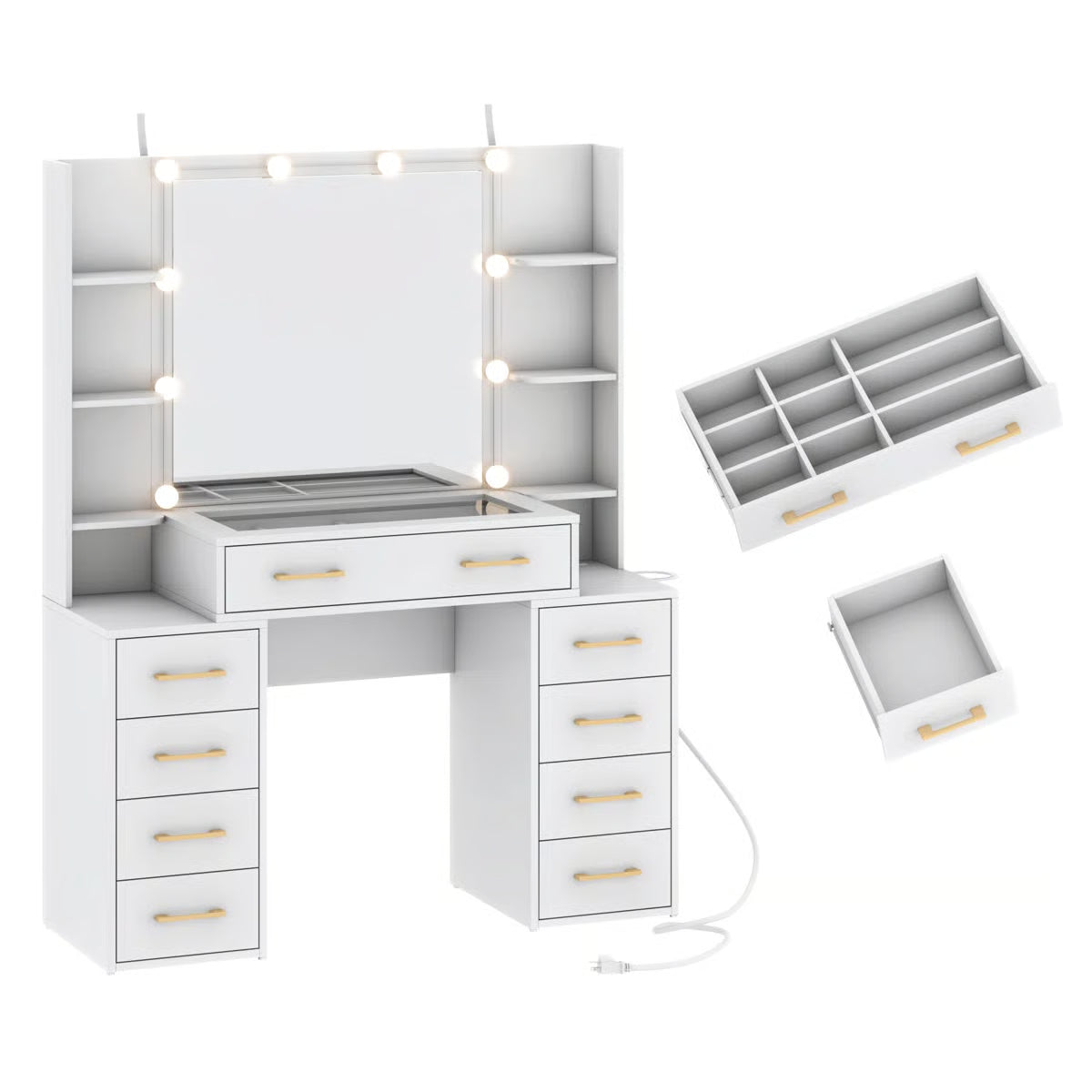 Tempered Glass Vanity Desk with LED Lights, Mirror, and Built-In Charging Station