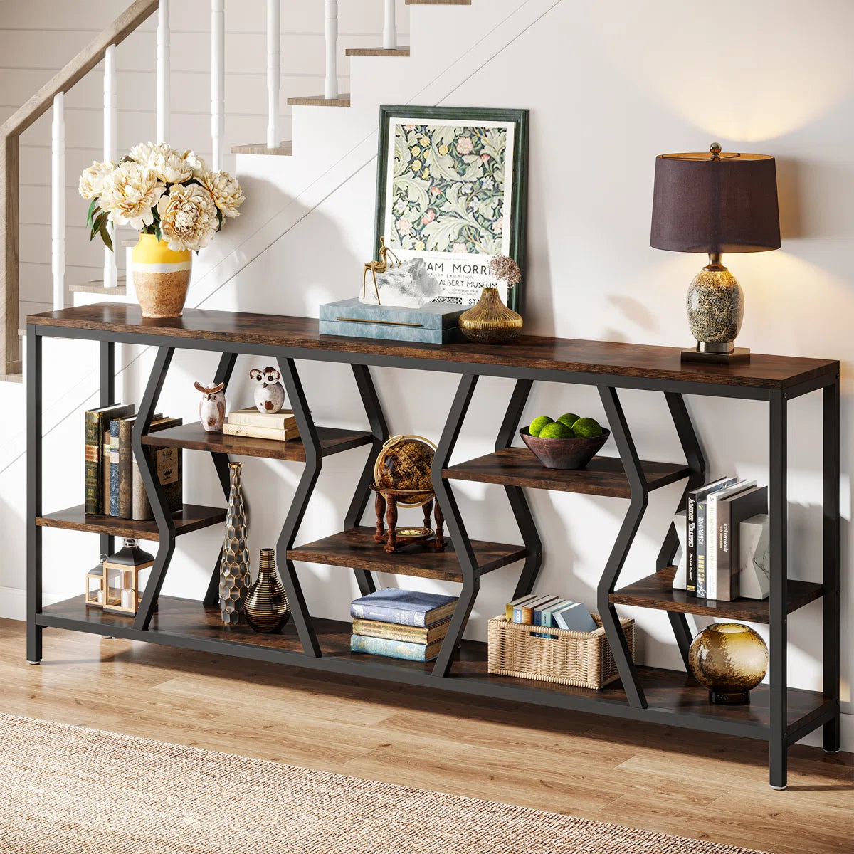 Extra Long Sofa Table, Rustic Console Table with 4 Tier Storage Shelves For Living Room
