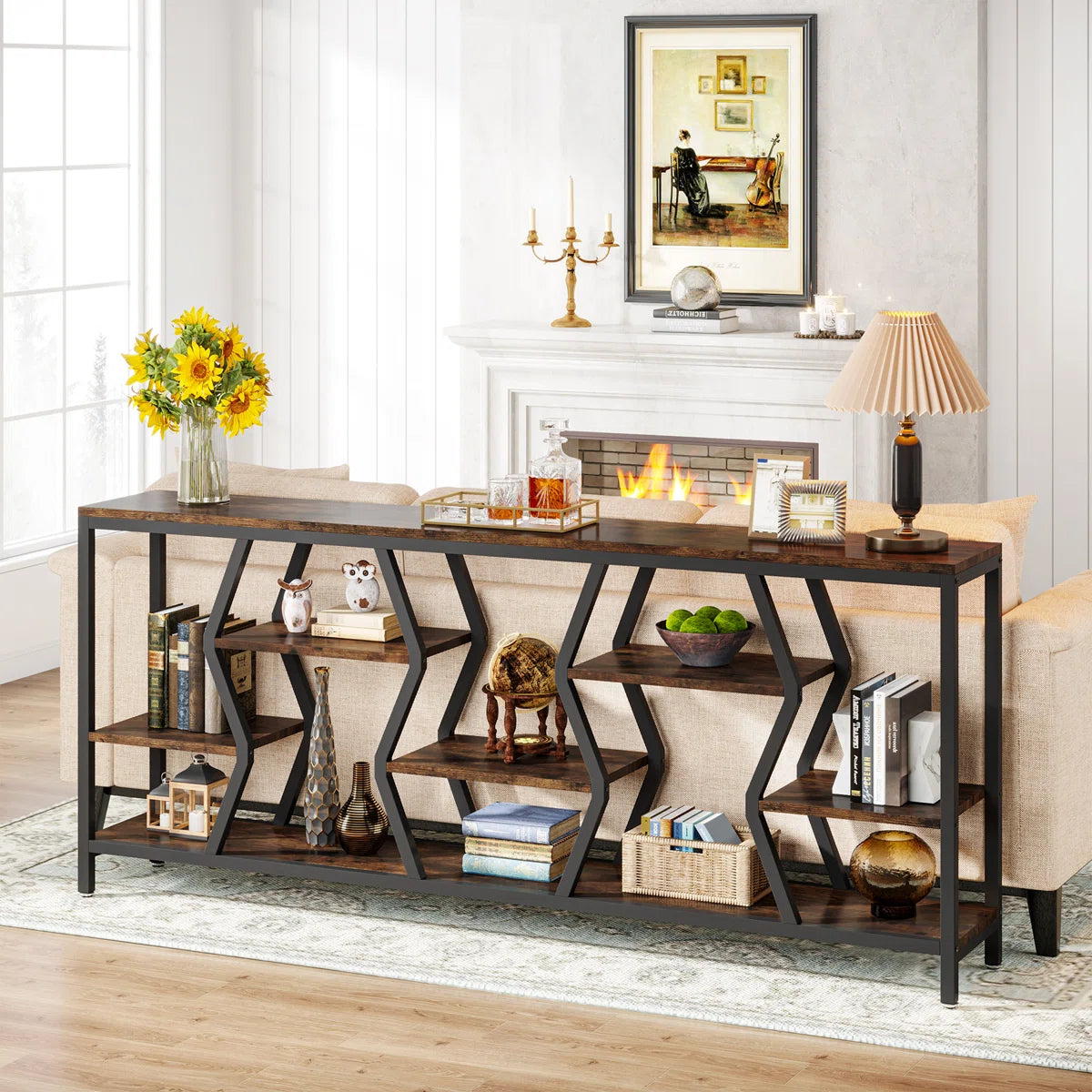 Extra Long Sofa Table, Rustic Console Table with 4 Tier Storage Shelves For Living Room
