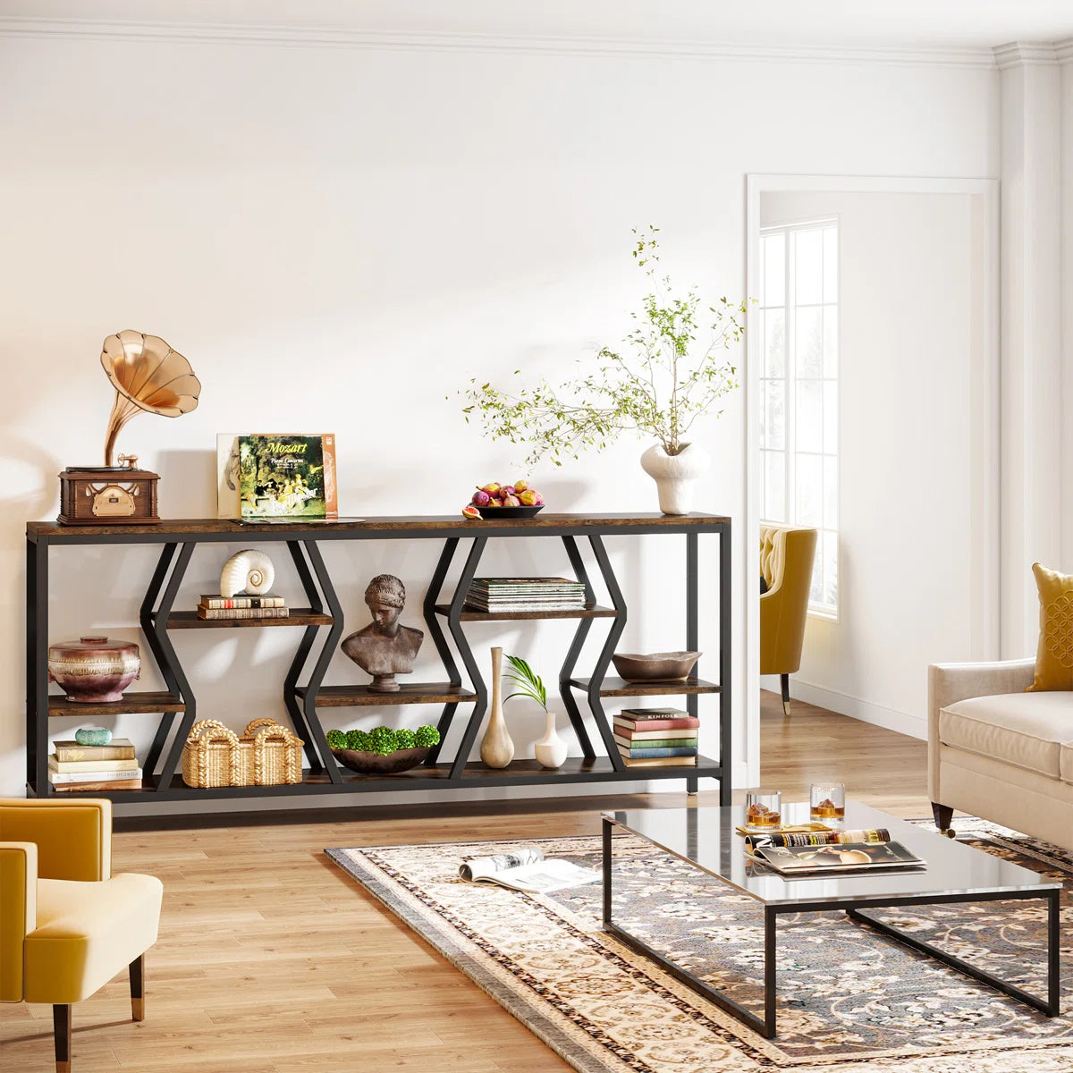 Extra Long Sofa Table, Rustic Console Table with 4 Tier Storage Shelves For Living Room