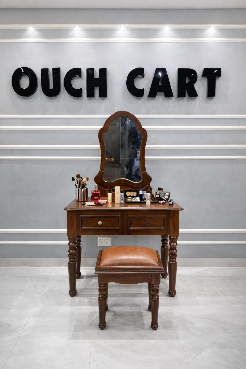 Vintage Mahogany Makeup Vanity Set with Petal Mirror & Stool