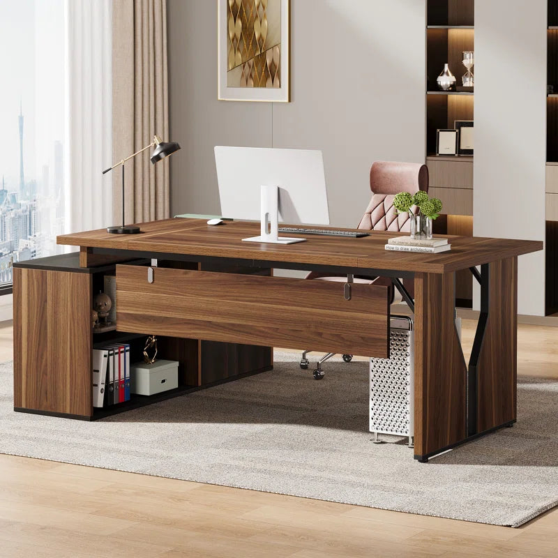 L-Shaped Executive Desk with Cabinet Locking Drawer Storage Shelves Business Furniture Set