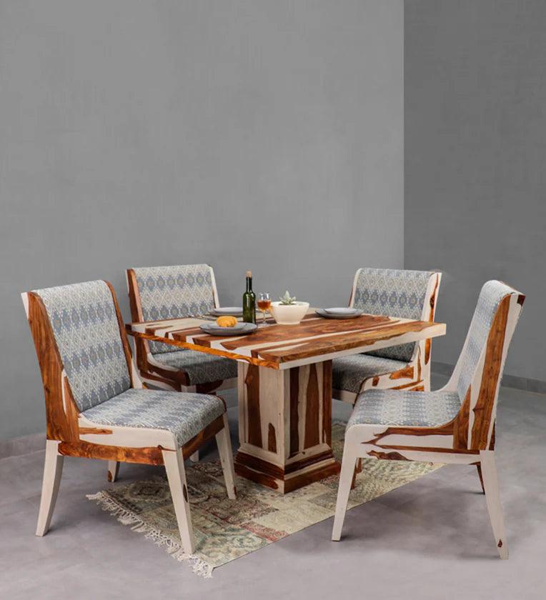 Sheesham Wood 4 Seater Dining Set in Vintage White & Teak Finish - Ouch Cart