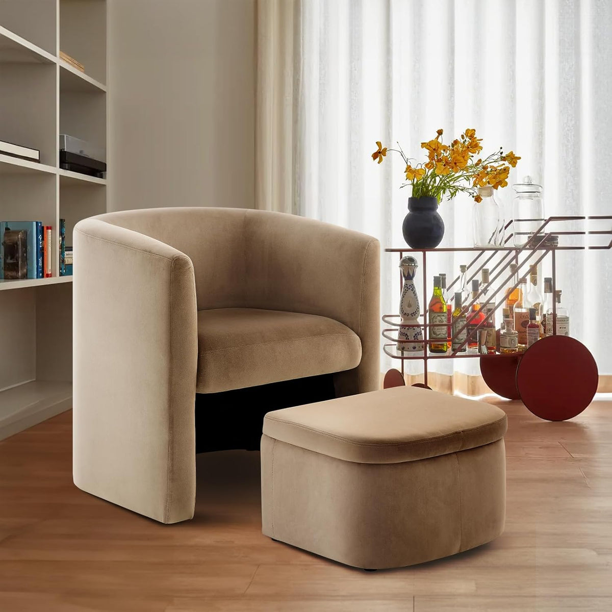 Modern Upholstered Barrel Accent Chair with Storage Ottoman ouch csrt