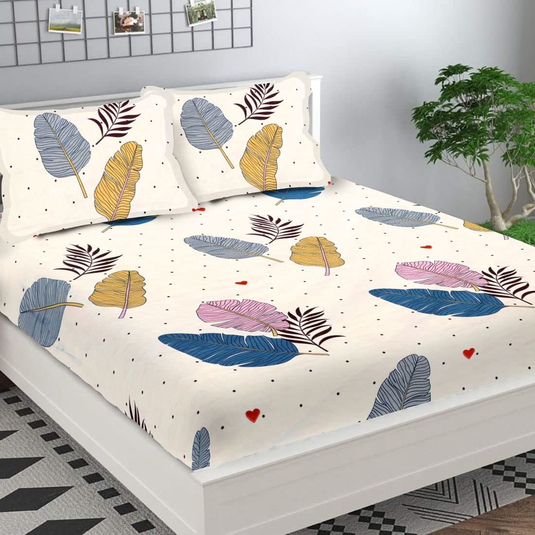 Special Cotton Blend Double Queen Bedsheet with 2 Matching Pillow Covers | 480 Thread Count | Superfine Botanical Print | Soft & Comfortable Flat Bedsheet Set OUCH CART