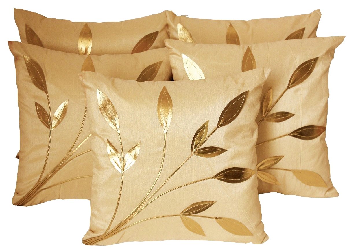 Silk Checked Cushion Covers 16 x 16 Inch, Beige, Set of 5 OUCH CART