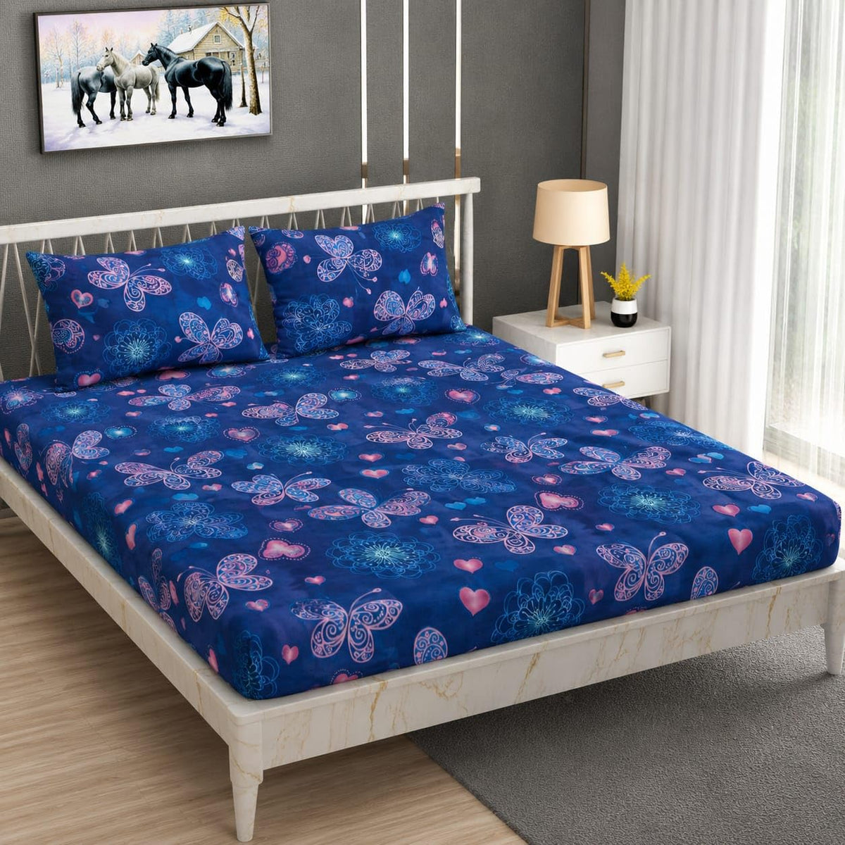 Double Queen Cotton Fitted Bedsheet with 2 Pillow Covers | 200 Thread Count | Superfine 3D Printed Elastic Bedsheet | Soft & Comfortable Summer Bedding for Adults OUCH CART