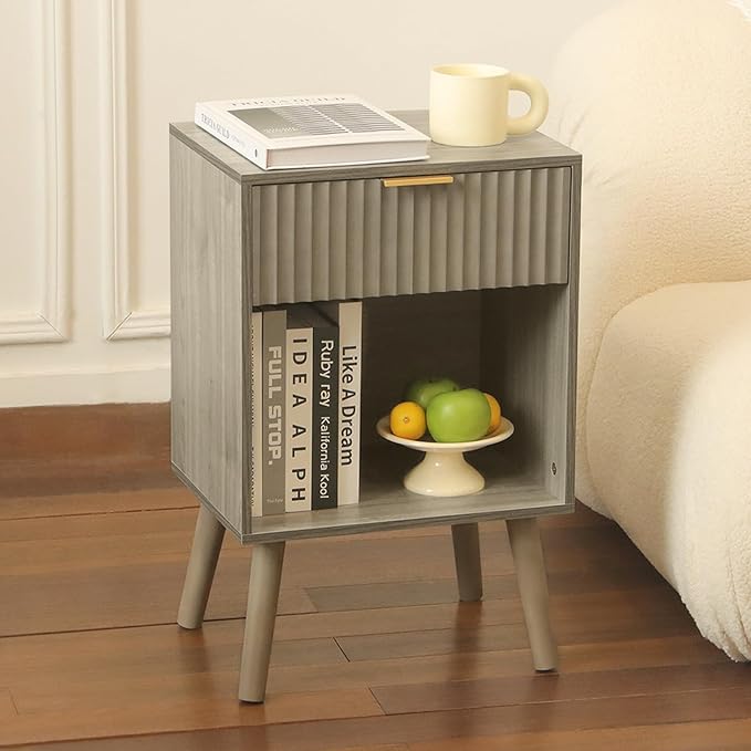 Mid Century Modern Nightstand, Wood Bedside Table with Drawer and Opening Storage, End Table Living Room Fluted Night Stand with Solid Wood Legs for Bedroom