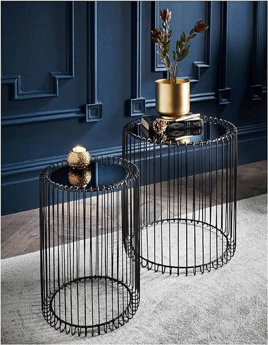 Nesting Tables Set of 2 Round End Tables Living Room Wire Coffee Table Cage Black Bedside Glass Mirrored Top Caged Side Indoor Furniture - Ouch Cart