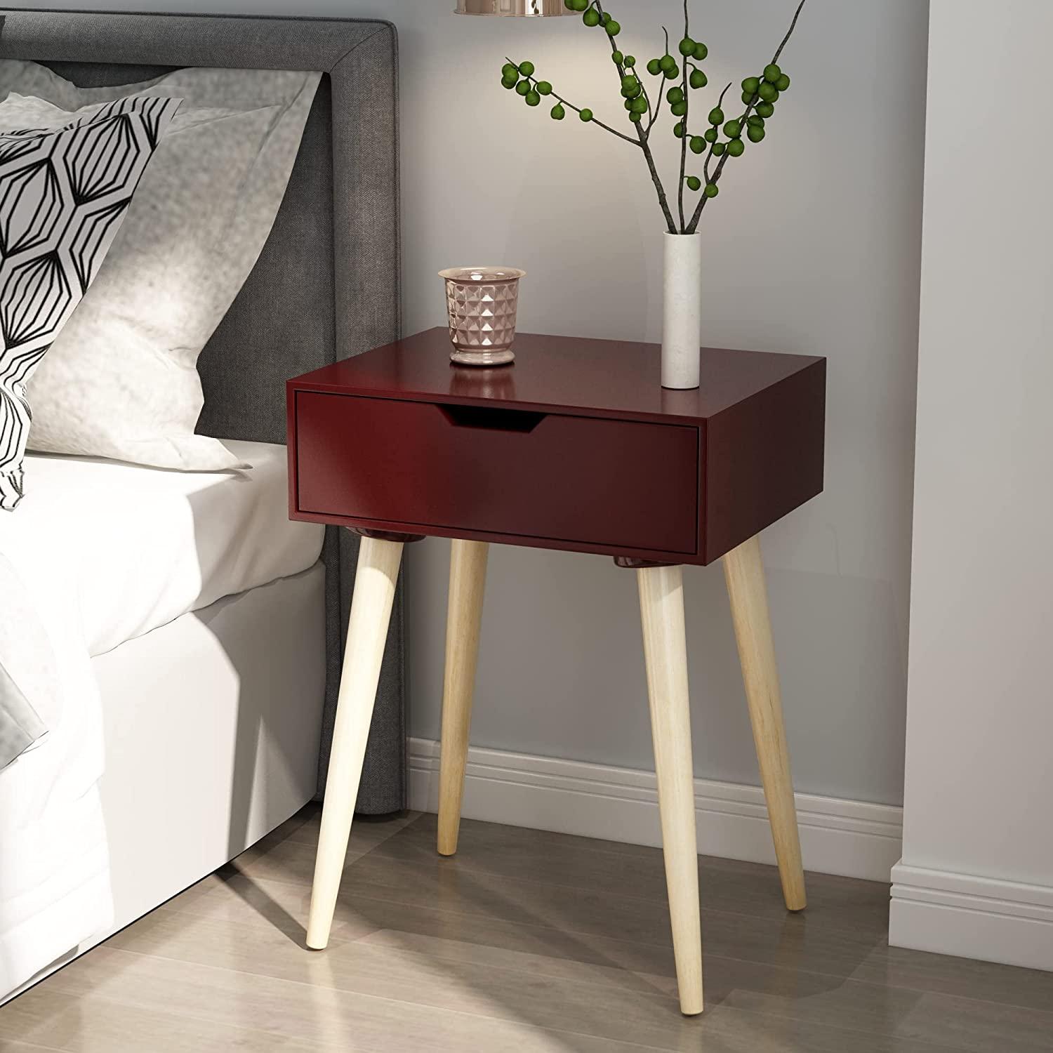 Nightstands End Side Table with Drawer and Solid Wood Legs, Bedside Table for Bedrooms, Mid-Century Modern Drawer Storage Cabinet for Living Room Furniture - Ouch Cart