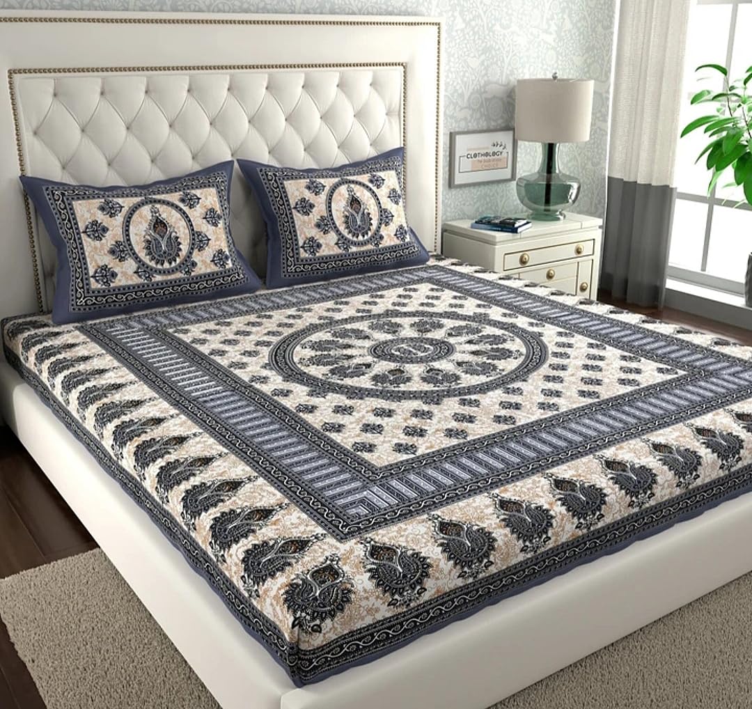 Jaipuri Print Cotton Bedsheet with 2 Pillow Covers | 144 Thread Count Flat Sheet | Summer Bedding for Adults OUCH CART