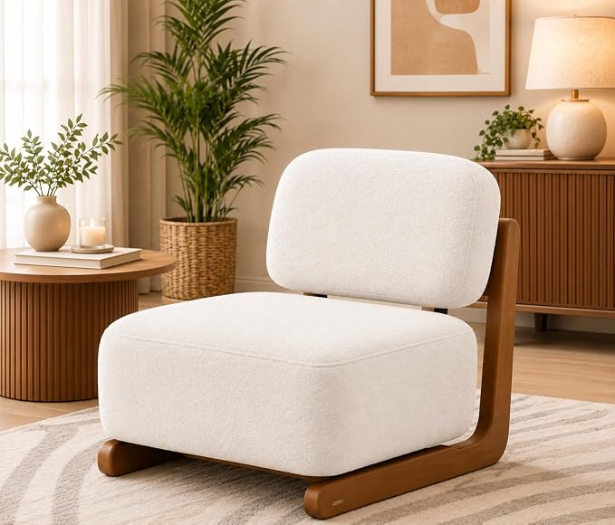 Ouch Cart Modern Cream Bouclรฉ Lounge Chair with Wooden Frame | Cozy Accent Chair Ouch Cart