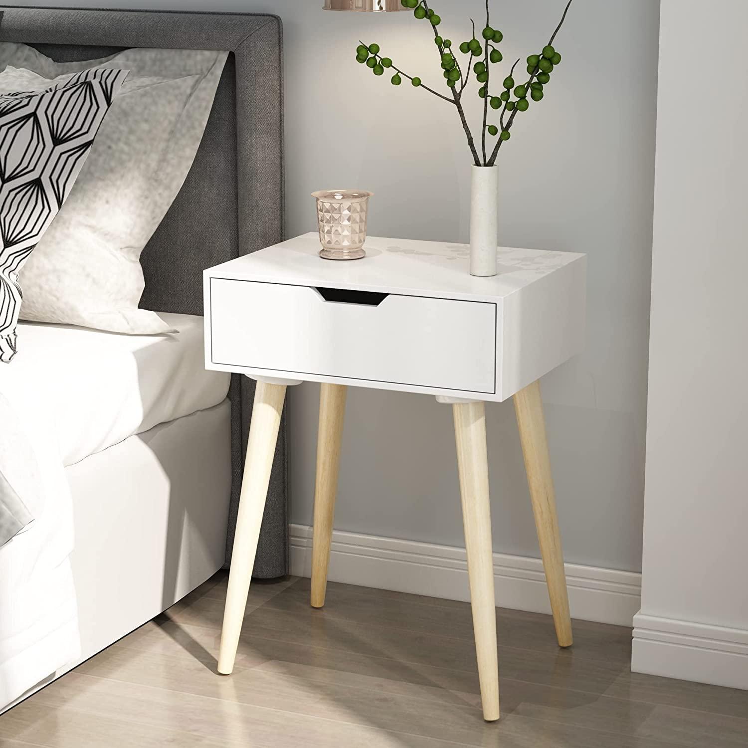 Nightstands End Side Table with Drawer and Solid Wood Legs, Bedside Table for Bedrooms, Mid-Century Modern Drawer Storage Cabinet for Living Room Furniture - Ouch Cart