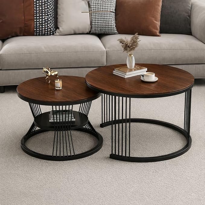 Iron Frame Faux Marbled Laminated Round Coffee Table Set of 2 Stacking Center Tables for Living Room Bedroom or Apartments (Golden White)