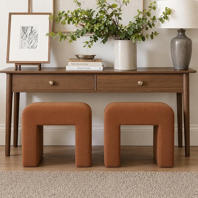 Modern Boucle Vanity Stool Chair with Solid Wooden Legs | Soft Upholstered Ottoman Footstool for Makeup Vanity, Bedroom, Living Room, Entryway & Office (Taupe)
