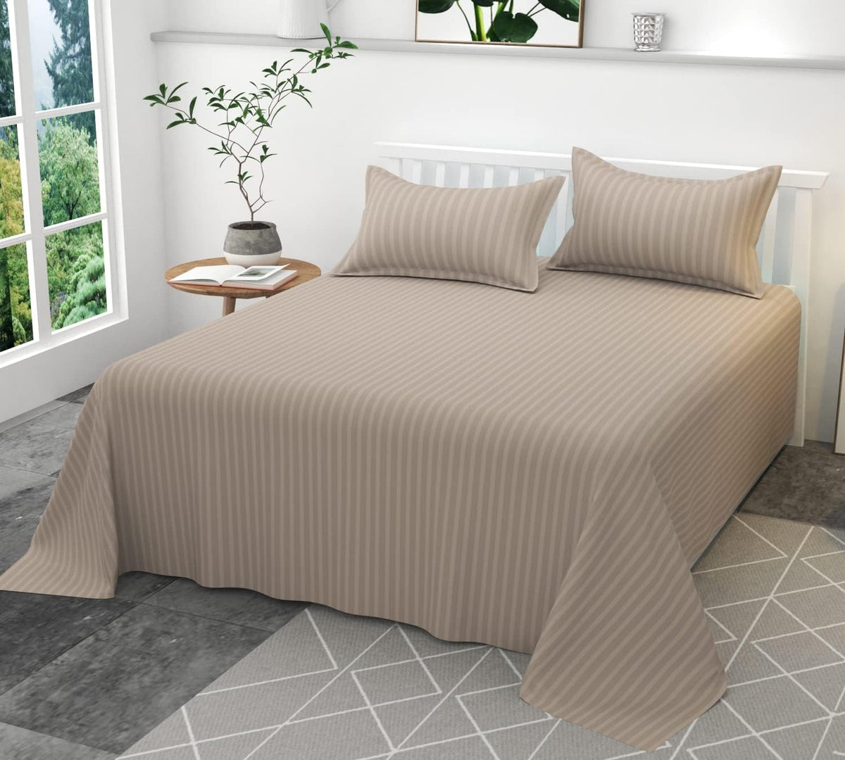 Glace Cotton Striped Double Bedsheet with 2 Pillow Covers | 90 × 100 Inch Flat Sheet for Home, Hotel & Guest Room Ouch Cart