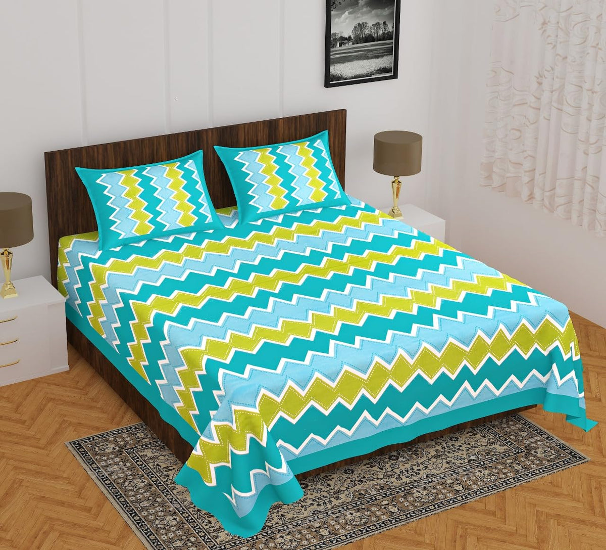 Pure Cotton Double King Bedsheet with 2 Matching Pillow Covers | 90 x 100 Inches | 160 Thread Count | Rajasthani Jaipuri Geometric Print | Summer Bedsheet OUCH CART