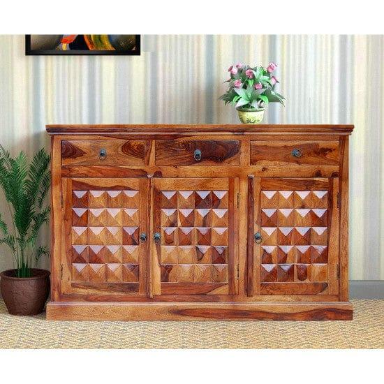 Solid Sheesham Wood Diamond Design Sideboard 3 Door 3 Drawer (Honey Finish) - Ouch Cart
