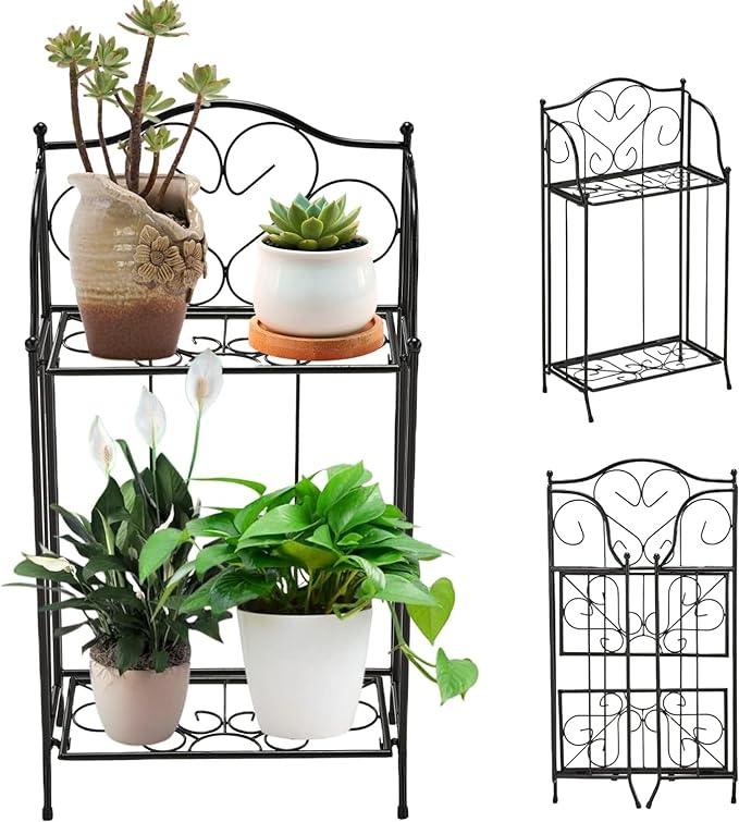 2 Tier Metal Plant Stand Scrollwork Design Indoor and Outdoor Flower Rack Pot Shelf Home Storage Organizer Shelf, Black (Plain Plant Stand) - Ouch Cart