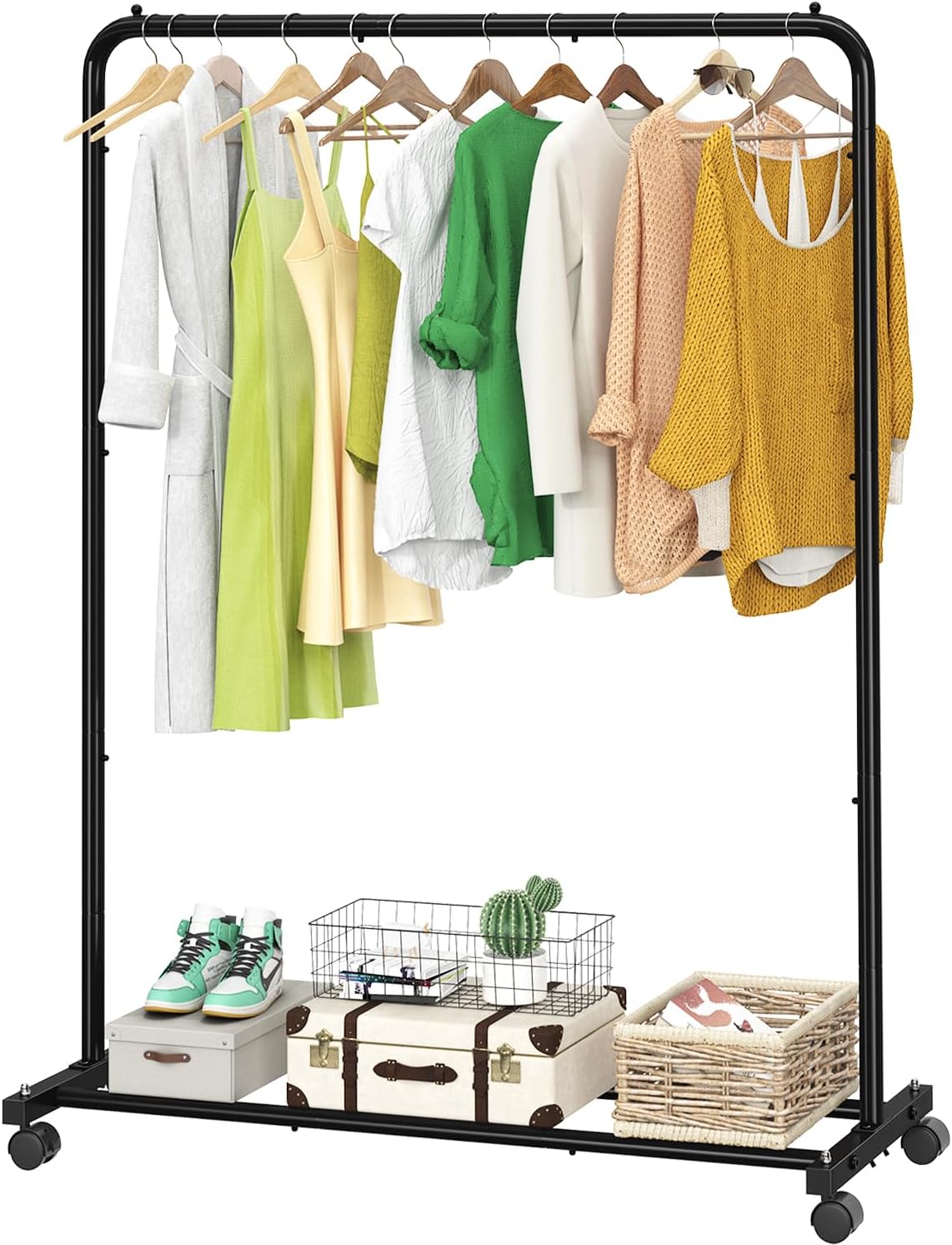 Standard Clothes Clothing Garment Rack with Storage Shelves, Rolling Clothes Organizer on Wheels for Hanging Clothes, Black OUCH CART