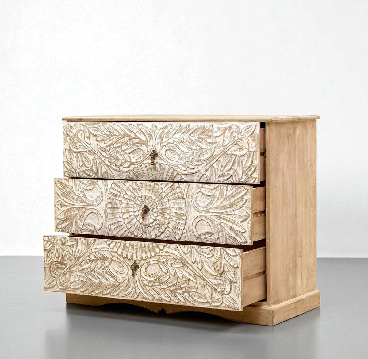Carved Wooden Chest of Drawers – Rustic 3-Drawer Storage Cabinet for Bedroom & Living Room OUCH CART