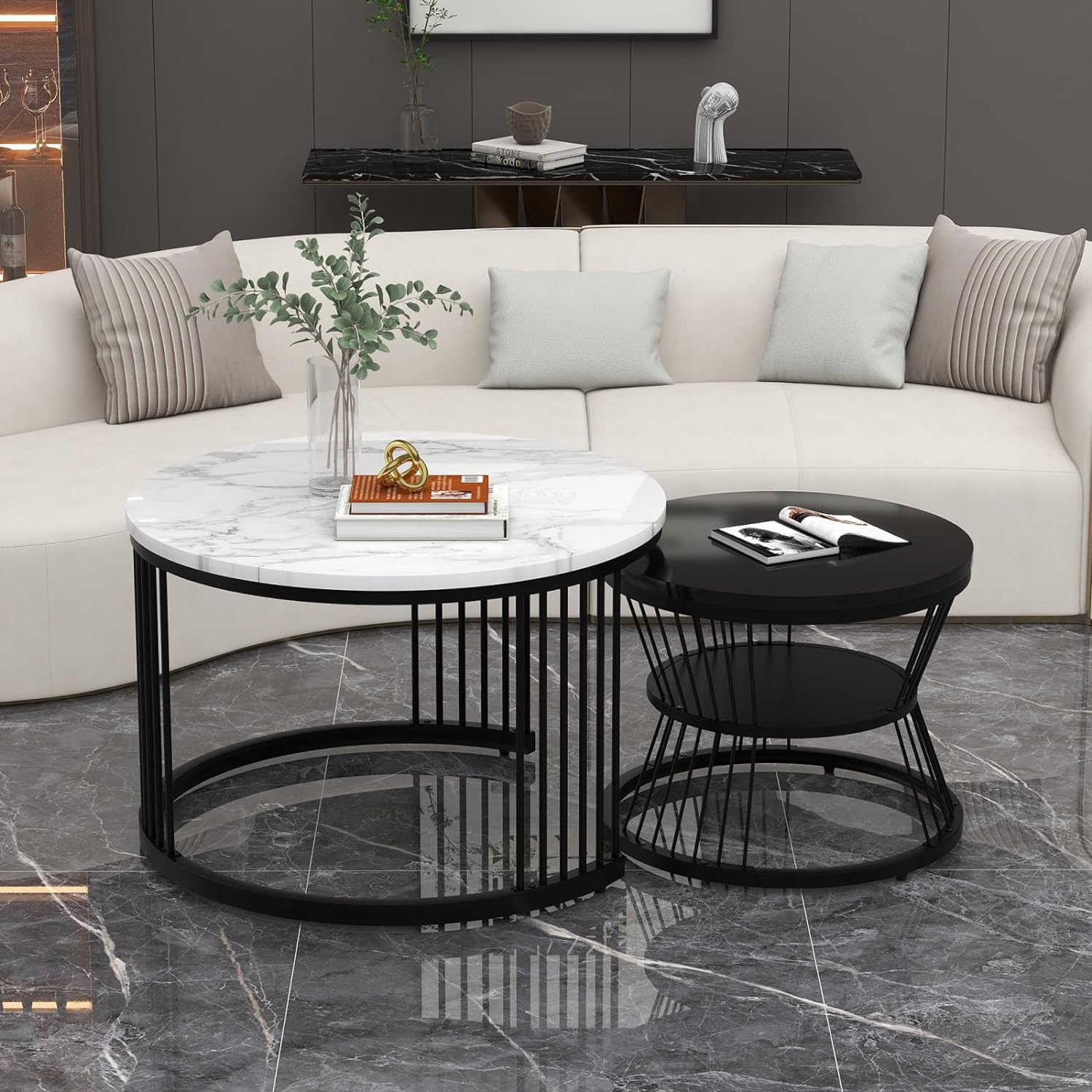 Round Modern Nesting Coffee Table Set of 2 with Marble Veneer Tops