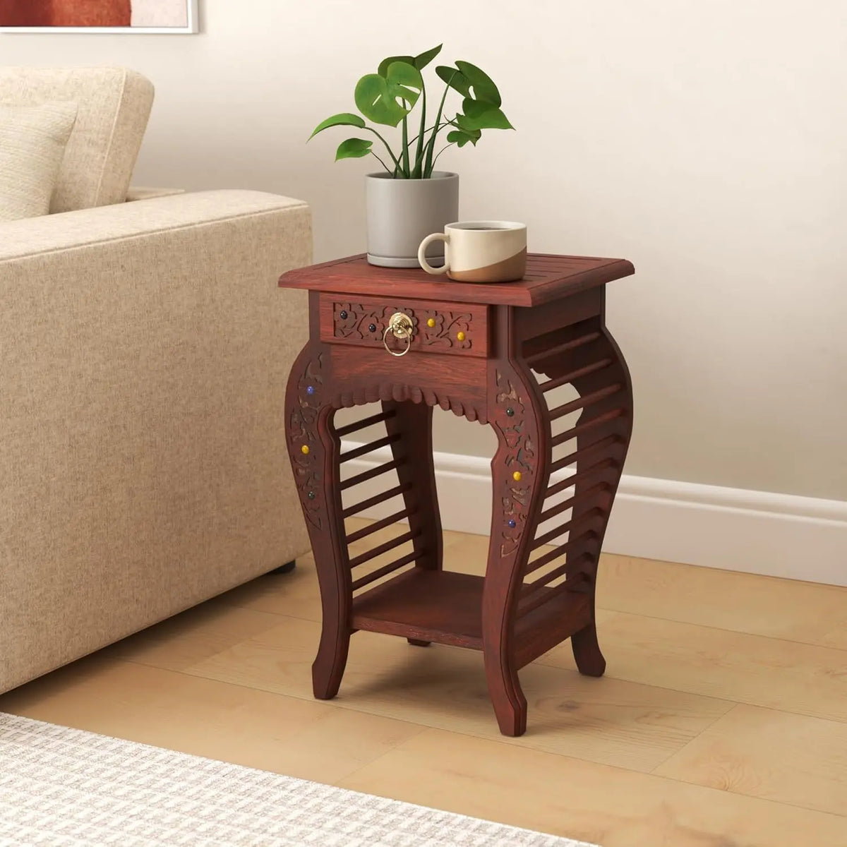 Wooden Hand Carved Side Table Ouch Cart