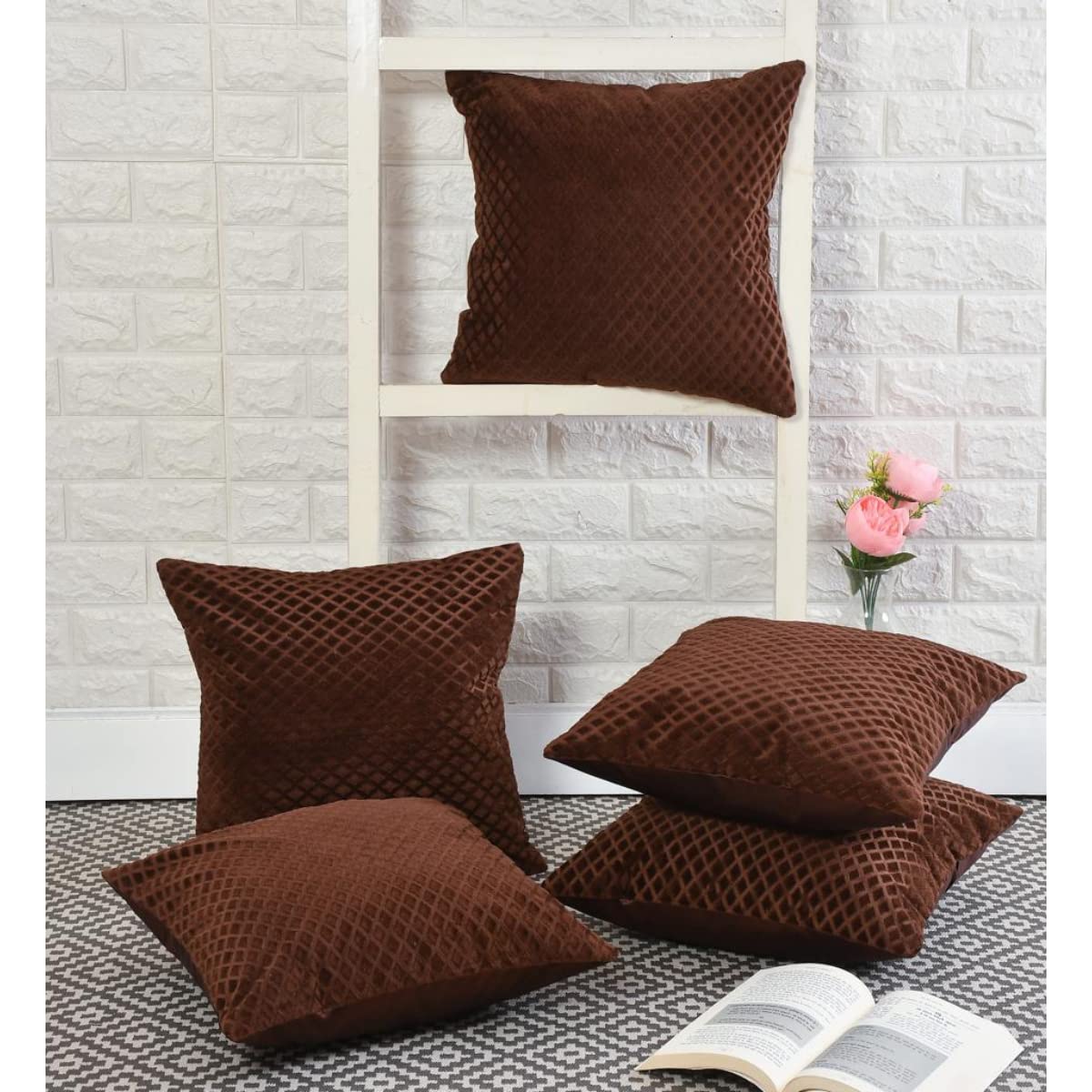 Brown Diamond Quilted Velvet Cushion Covers, 16 x 16 Inch, Set of 5 OUCH CART