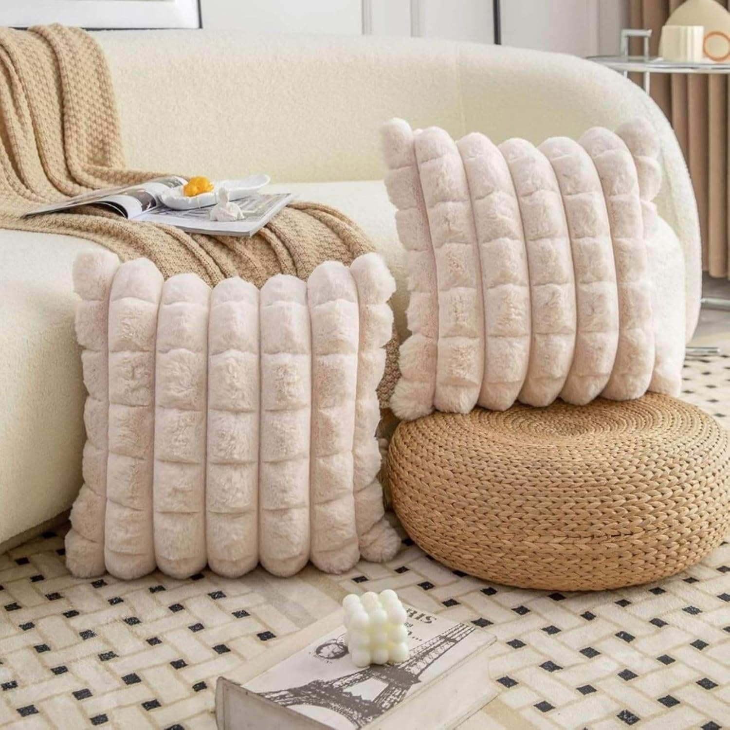 Cream Checkered Faux Fur Cushion Covers, 16 x 16 Inch, Set of 2