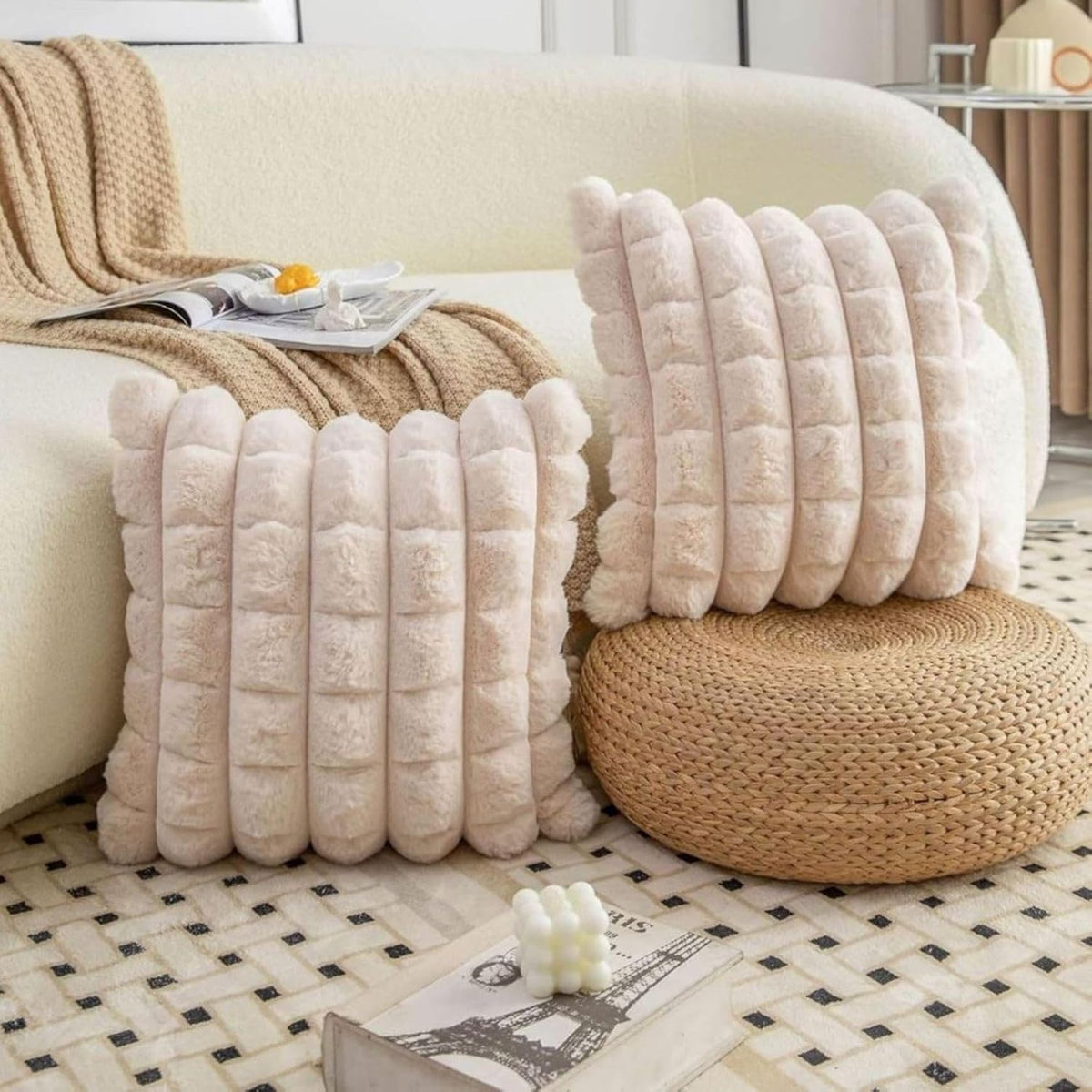 Cream Checkered Faux Fur Cushion Covers, 16 x 16 Inch, Set of 2 OUCH CART
