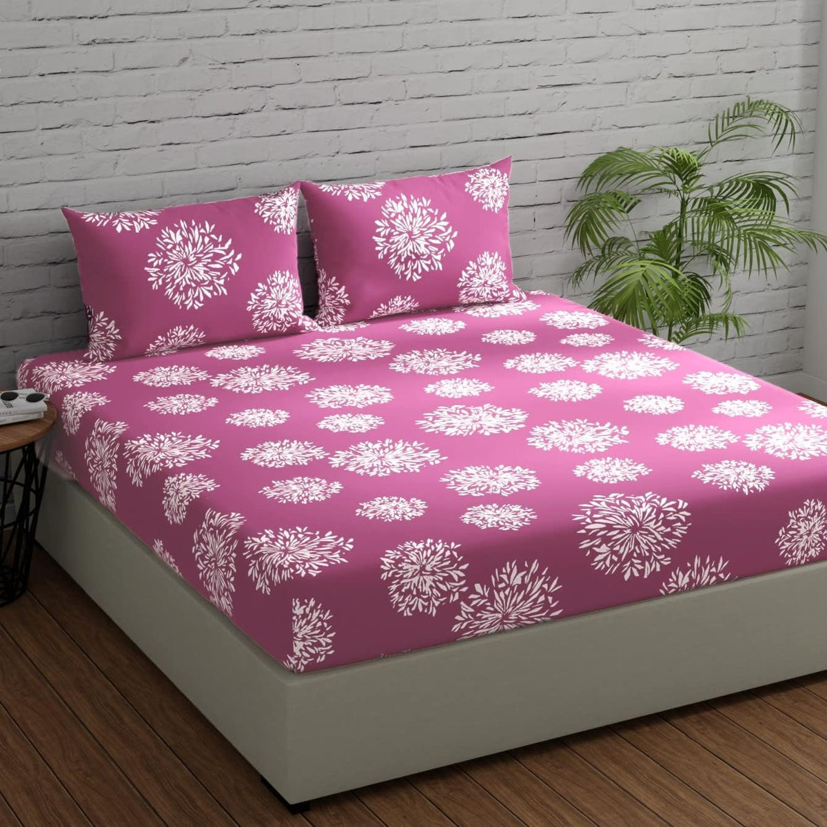 Double Fitted Cotton Bedsheet with 2 Pillow Covers | 220 Thread Count | Superfine Fabric | Botanical Print | Elastic Fitted Bedsheet for Adults | Summer Bedding OUCH CART