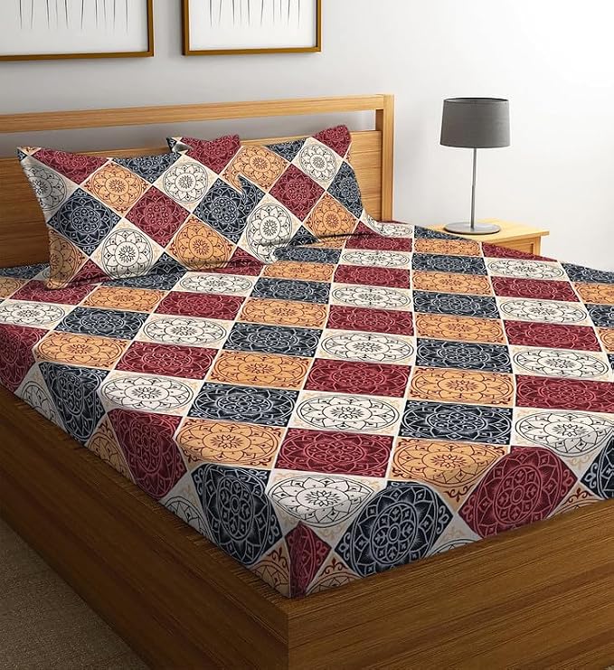 Premium Glace Cotton Single Bedsheet with 1 Pillow Cover | Geometric Print, 180 Thread Count Flat Sheet