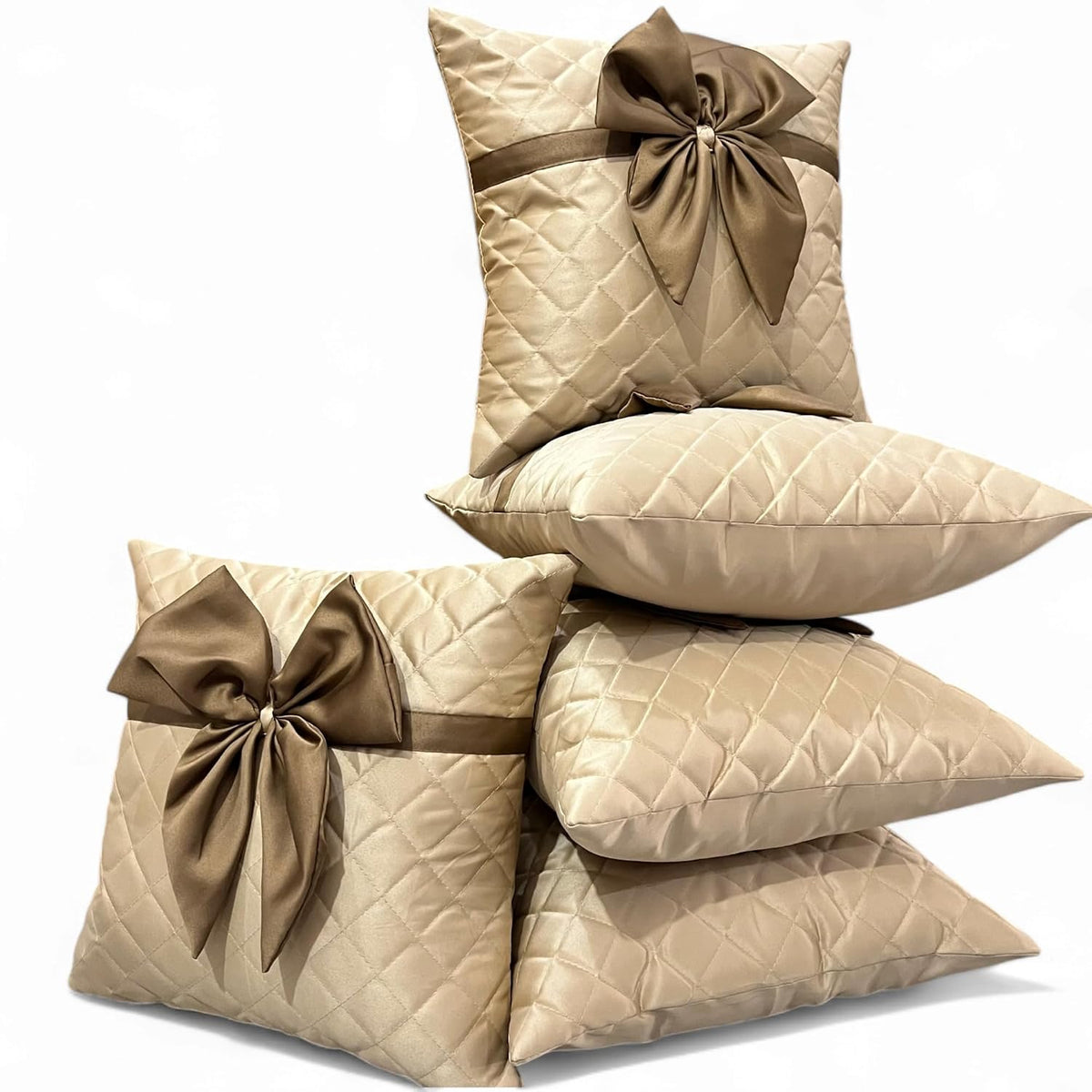 Satin Bow Cushion Covers with Quilted Diamond Pattern, 16 x 16 Inch, Set of 5 OUCH CART